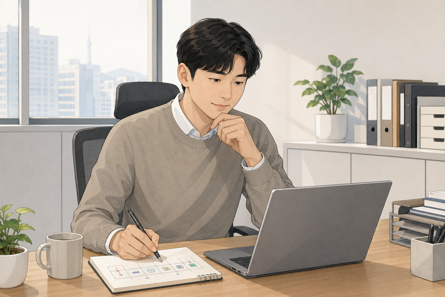 노트북과 메모장을 보며 작은 AI 업무 루틴을 점검하는 직장인의 장면