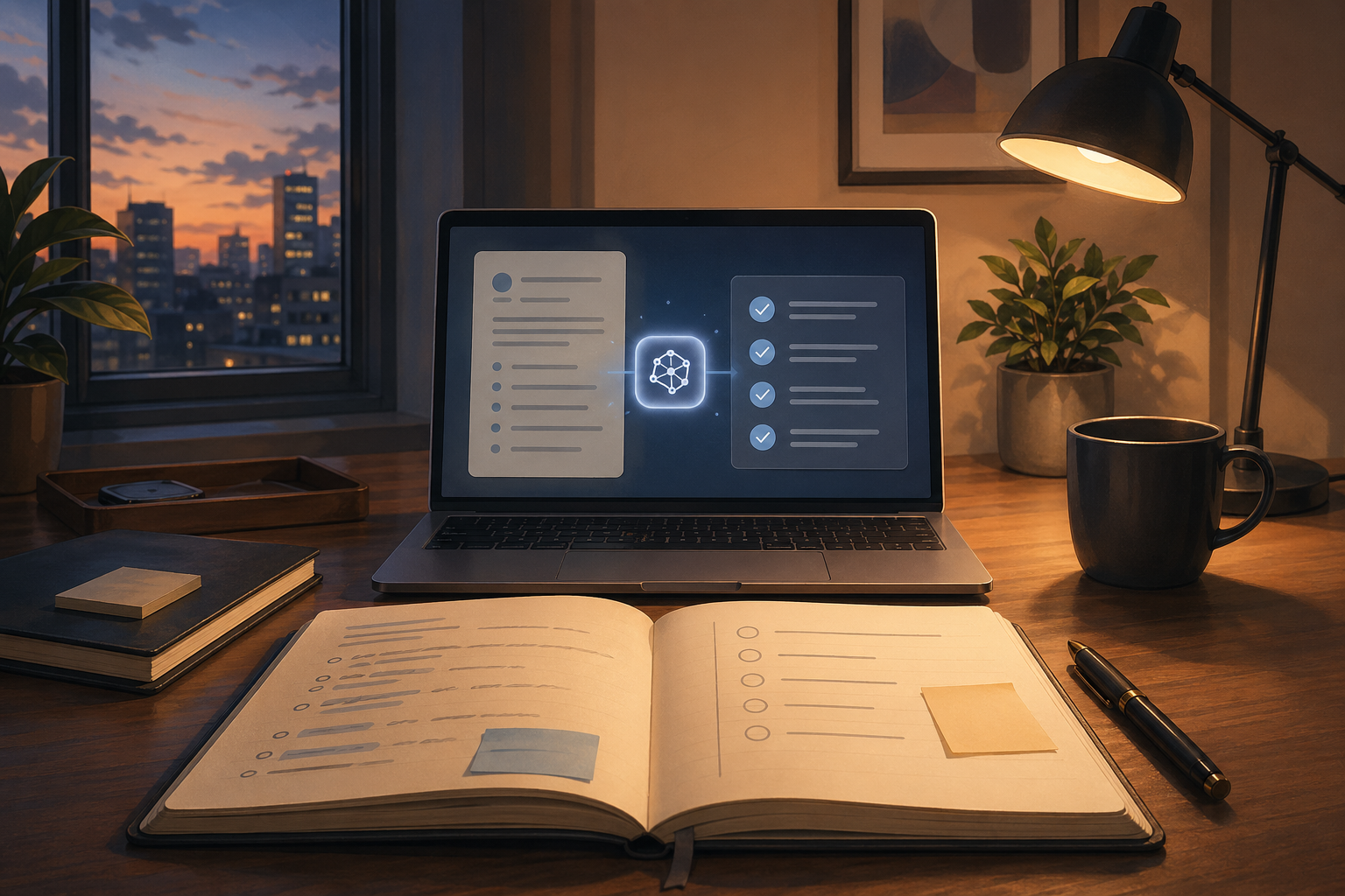 Desk scene showing a short end-of-day AI review and next-step list