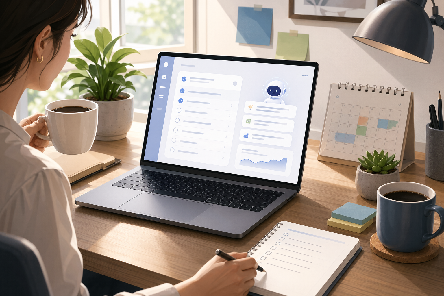 Desk scene showing a light daily AI workflow for office tasks