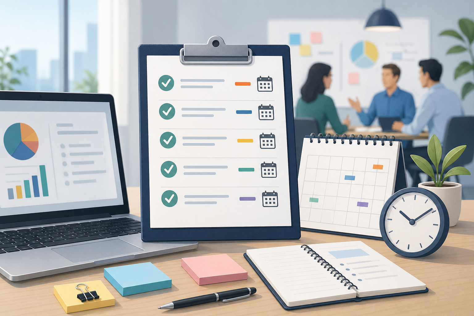 Office scene showing a clean follow-up checklist after a meeting