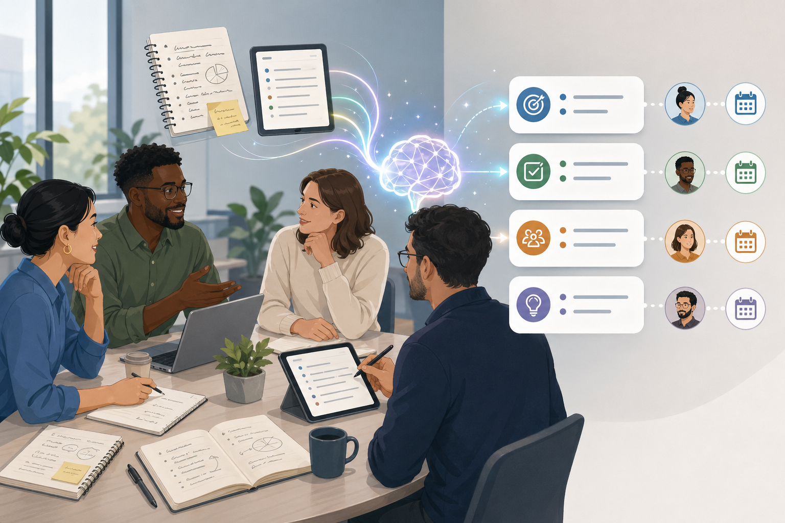 Office scene showing meeting notes being turned into action items and deadlines