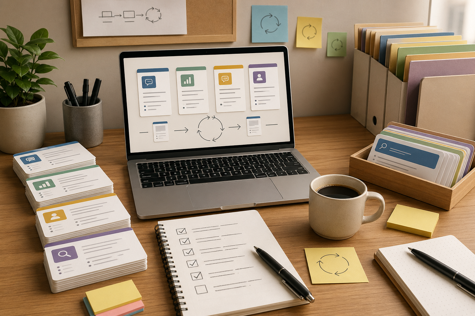 Desk scene showing saved prompt templates and review notes for office work