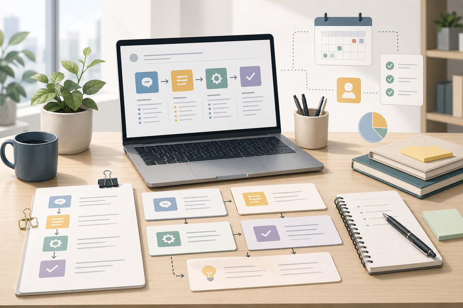 Office desk with a structured prompt template for better work outputs