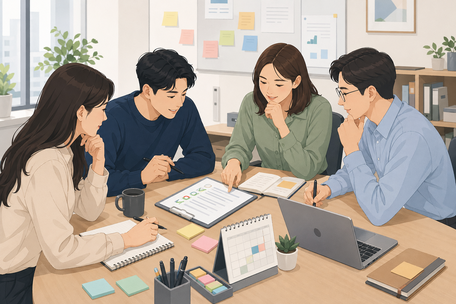 회의 후 후속 조치와 담당자를 점검하는 체크리스트 장면