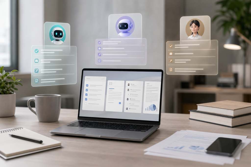 AI 도구 비교를 시작하는 가장 현실적인 방법을 보여주는 업무용 AI 비교 일러스트