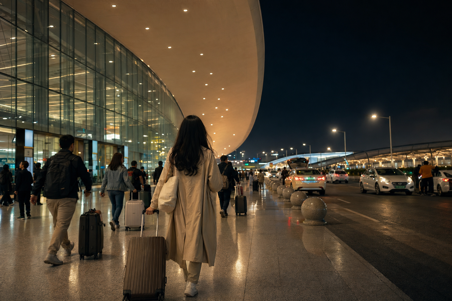 청두 티엔푸공항 야간 도착과 이동 분위기를 담은 일러스트